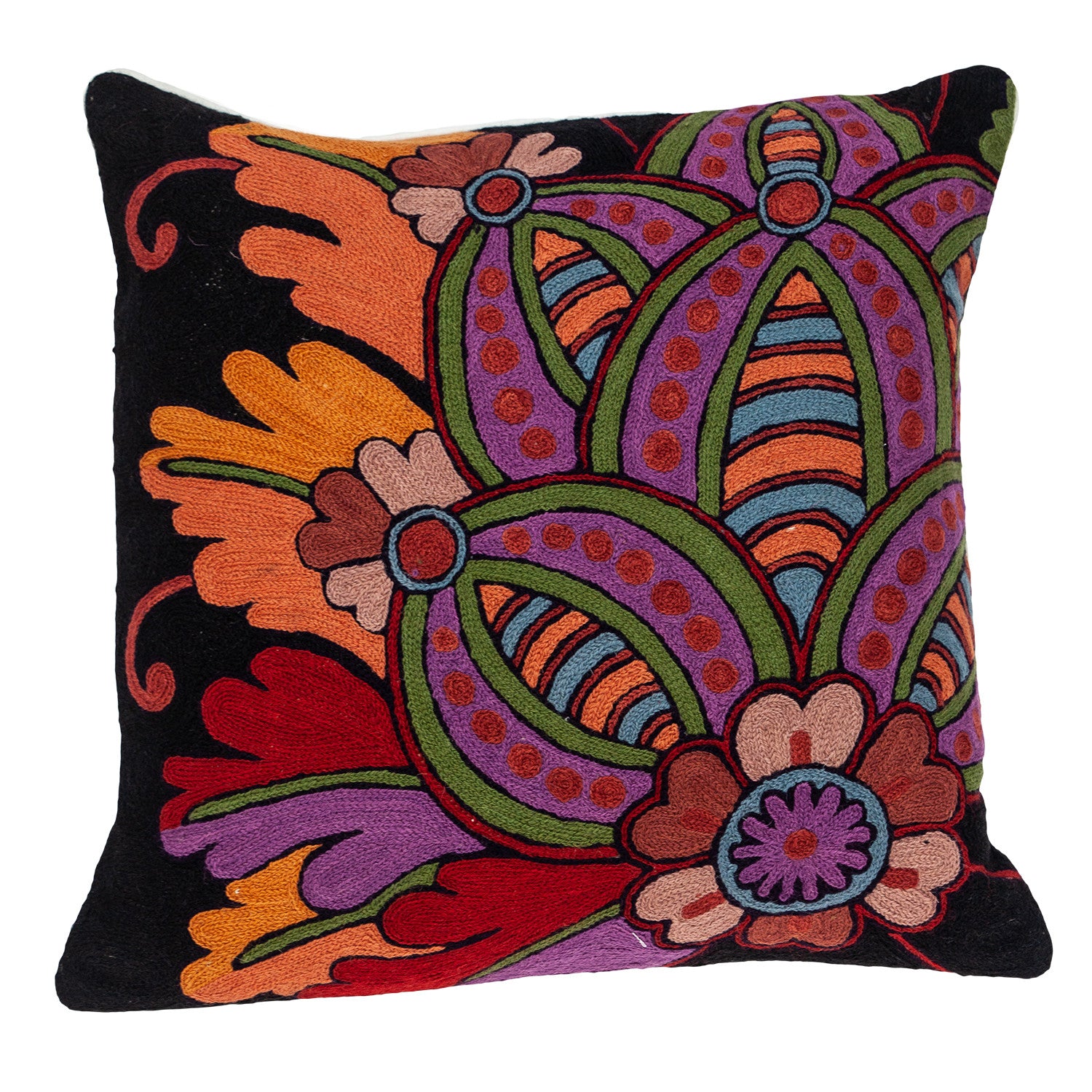20" Black and Orange Cotton Throw Pillow With Embroidery-1