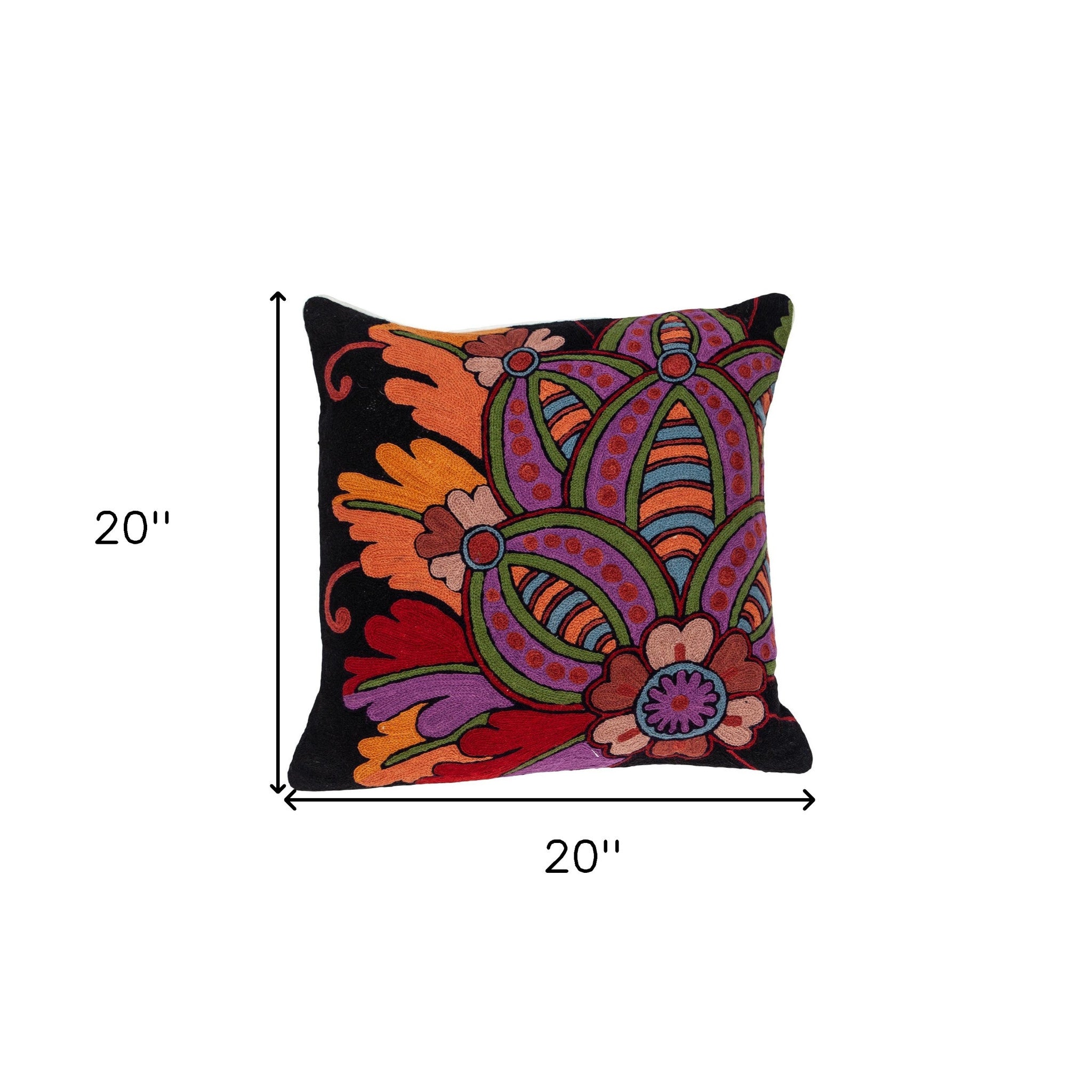 20" Black and Orange Cotton Throw Pillow With Embroidery-6