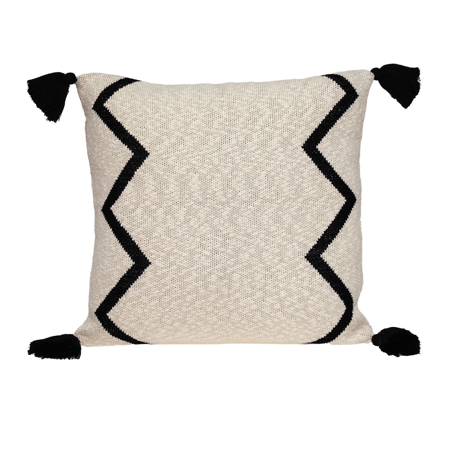 20" x 20" Black and Cream Zigzag Pattern Square Accent Throw Pillow with Tassel-1