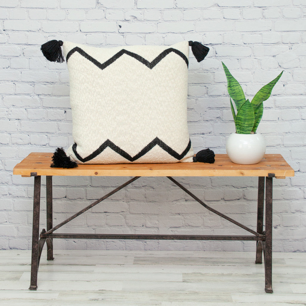 20" x 20" Black and Cream Zigzag Pattern Square Accent Throw Pillow with Tassel-4