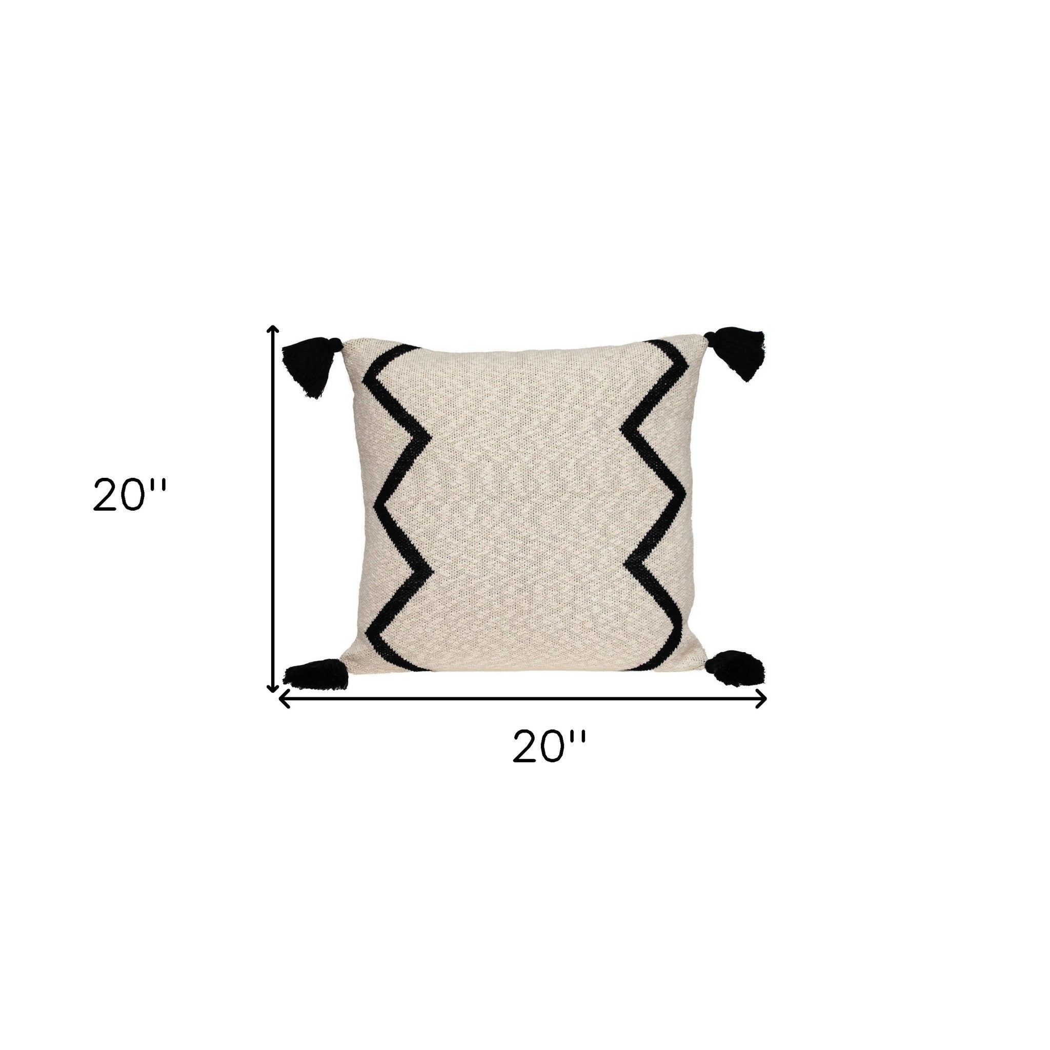 20" x 20" Black and Cream Zigzag Pattern Square Accent Throw Pillow with Tassel-5