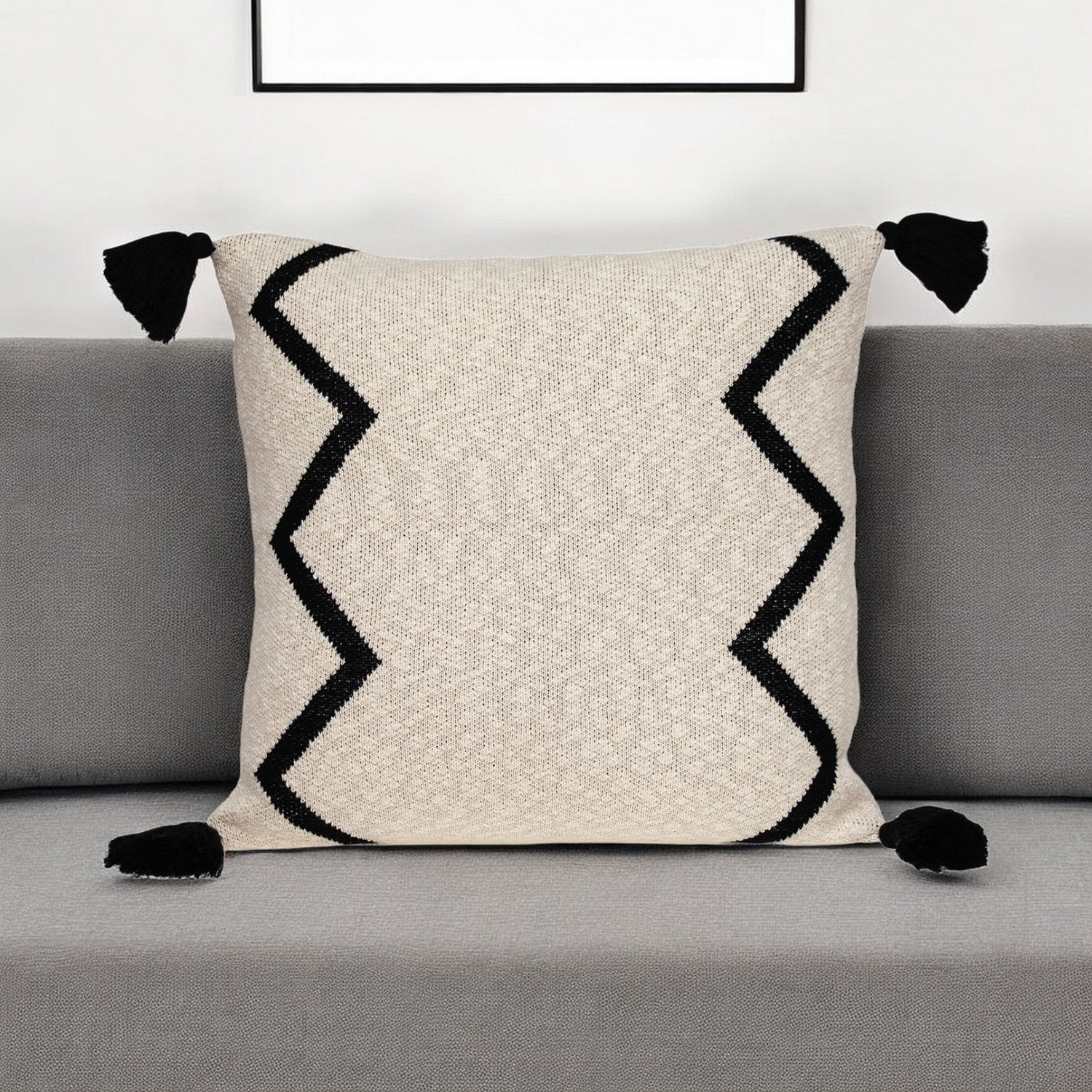 20" x 20" Black and Cream Zigzag Pattern Square Accent Throw Pillow with Tassel-0