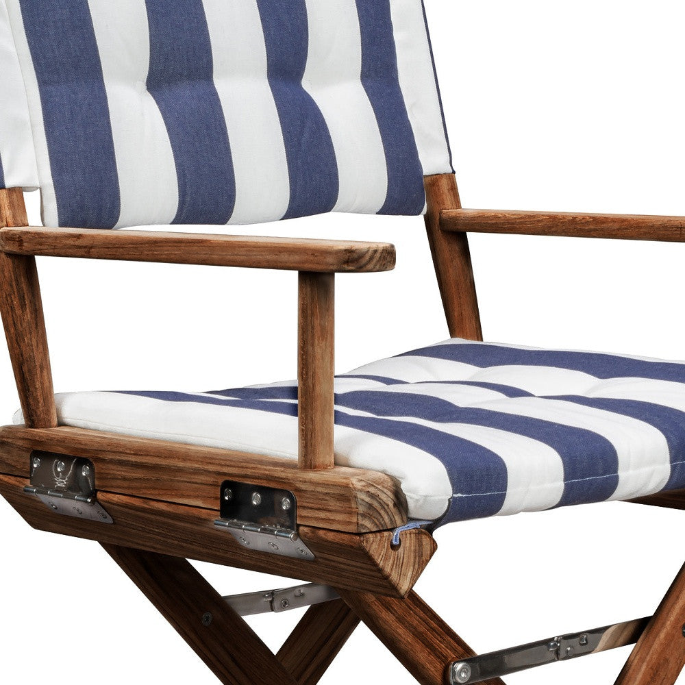 23" Blue and White and Natural Wood Solid Wood Indoor Outdoor Director Chair with Blue and White Cushion-3