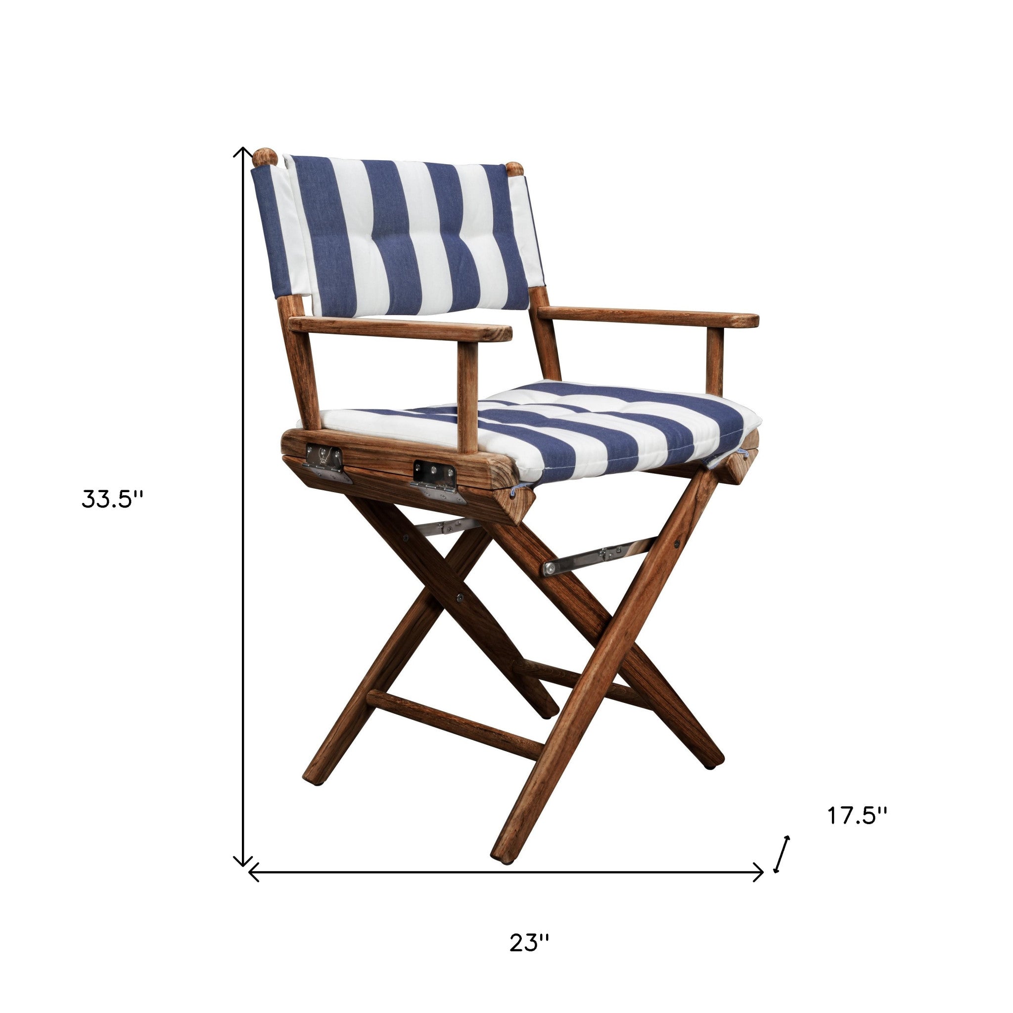 23" Blue and White and Natural Wood Solid Wood Indoor Outdoor Director Chair with Blue and White Cushion-4
