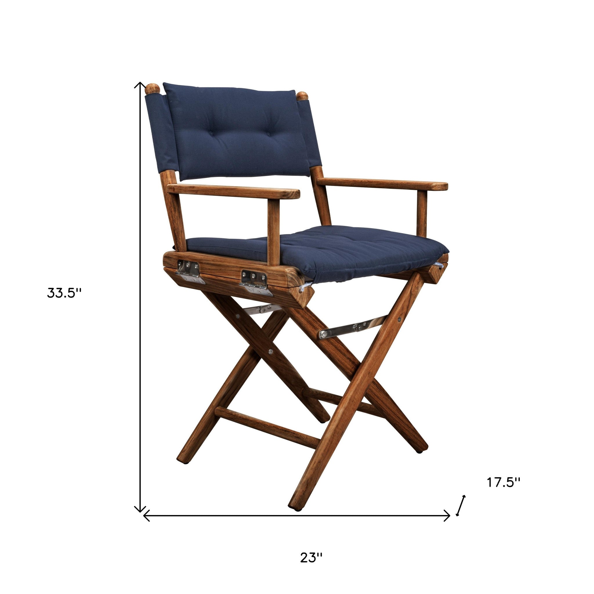 23" Navy Blue and Brown Solid Wood Indoor Outdoor Director Chair with Navy Blue Cushion-4