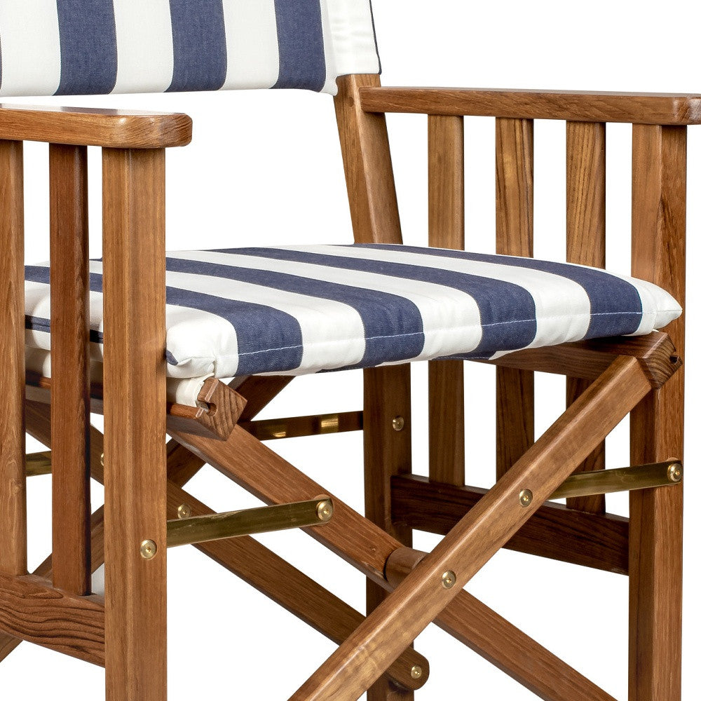 20" Blue and White and Natural Wood Solid Wood Indoor Outdoor Director Chair with Blue and White Cushion-3