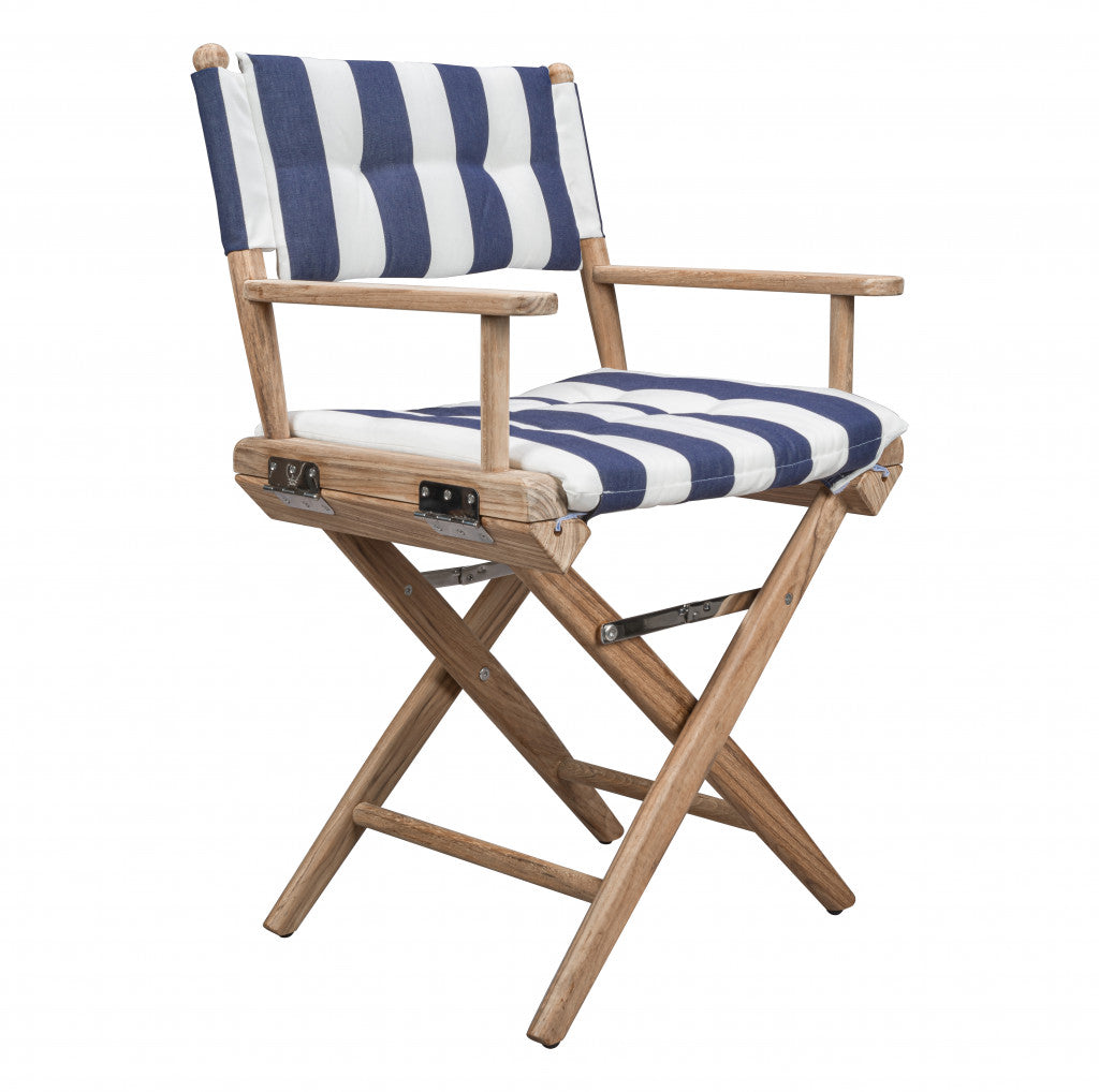 23" Blue and White and Natural Wood Solid Wood Indoor Outdoor Director Chair with Blue and White Cushion-1