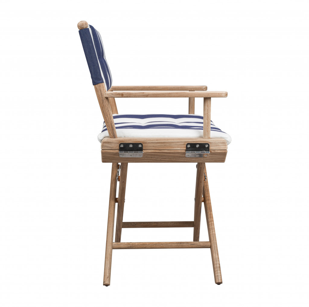 23" Blue and White and Natural Wood Solid Wood Indoor Outdoor Director Chair with Blue and White Cushion-2