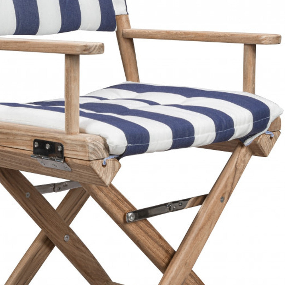23" Blue and White and Natural Wood Solid Wood Indoor Outdoor Director Chair with Blue and White Cushion-3