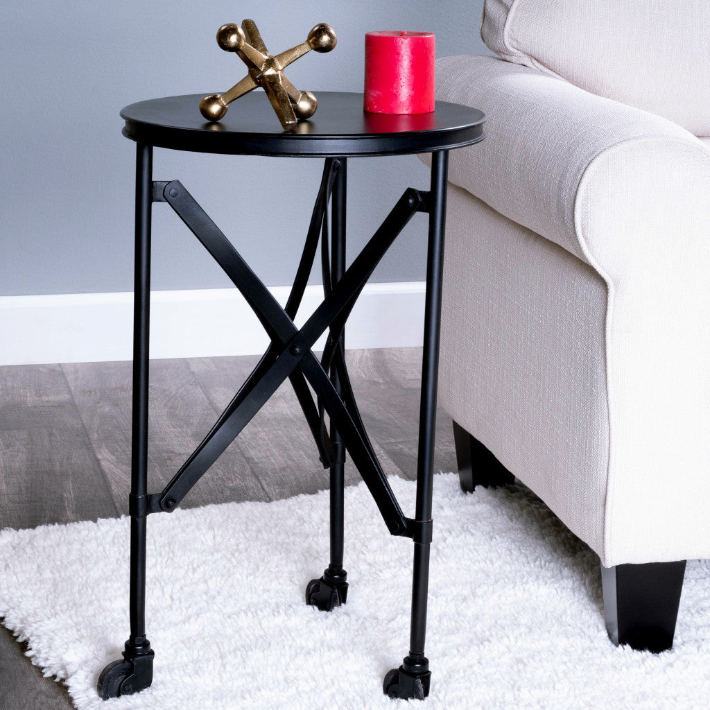 23" Black Industrial Rolling Round End Table-4