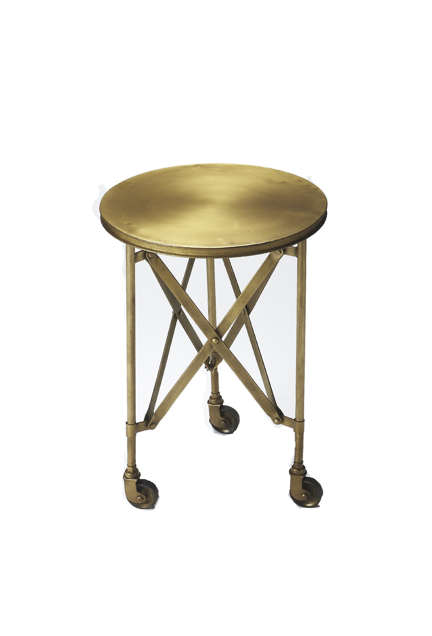24" Antiqued Gold Iron Round Rolling End Table-2