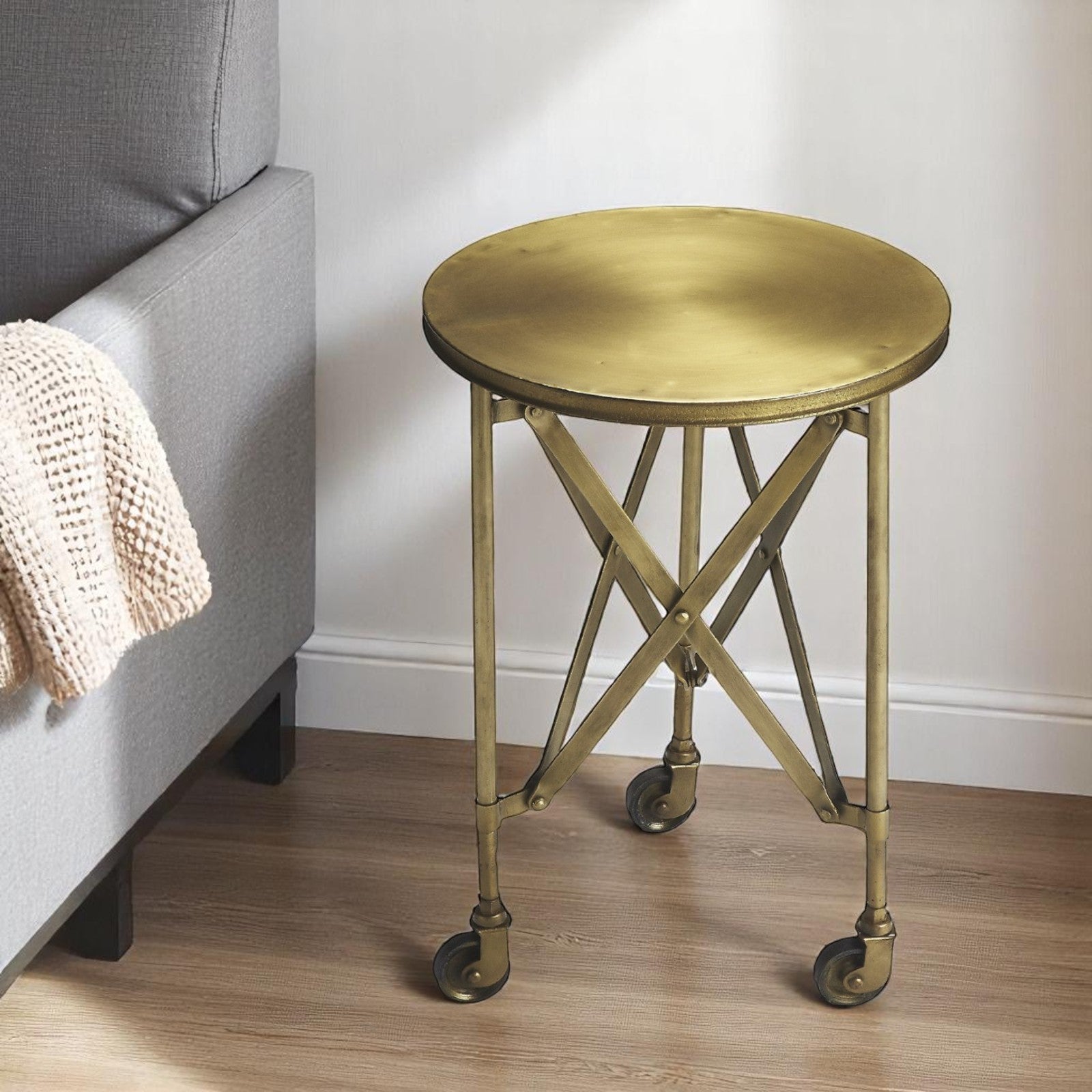 24" Antiqued Gold Iron Round Rolling End Table-0