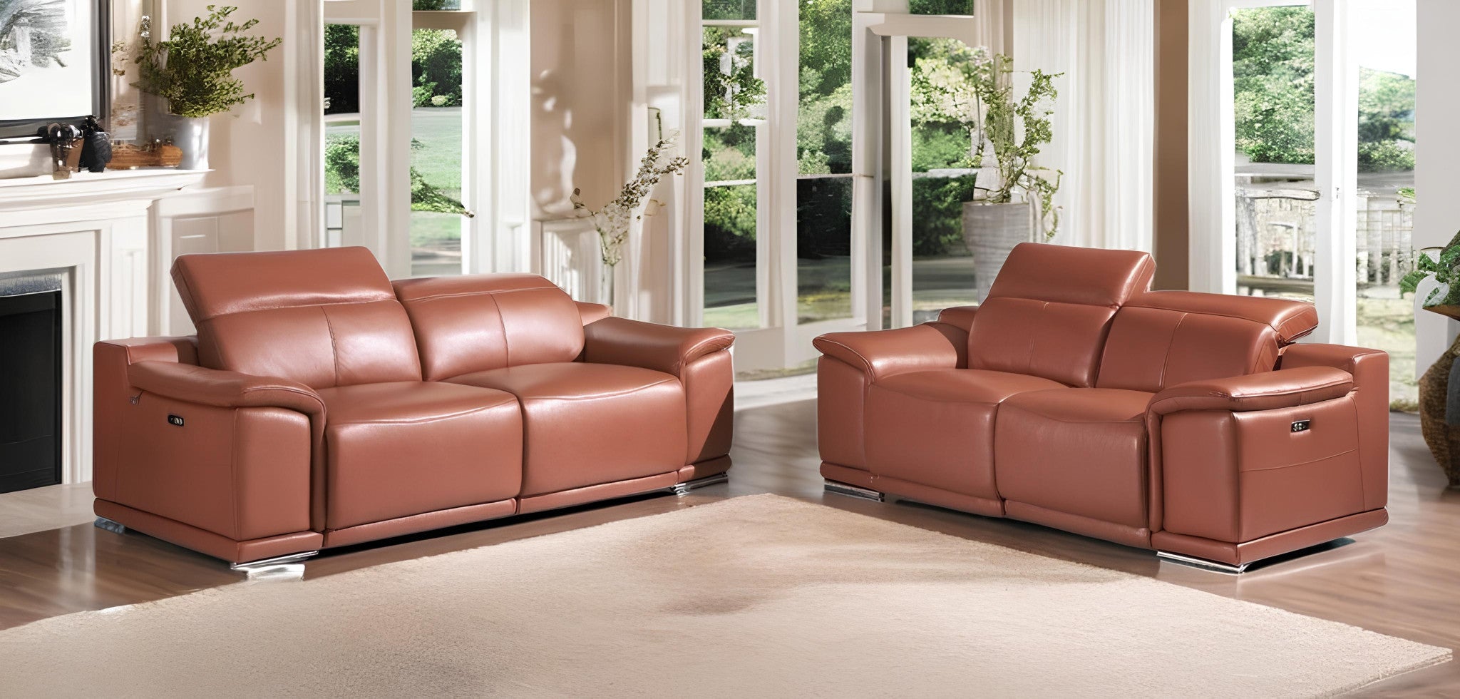 Two Piece Indoor Camel Italian Leather Five Person Seating Set-0