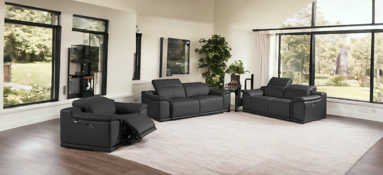 Three Piece Indoor Dark Gray Italian Leather Six Person Seating Set-0