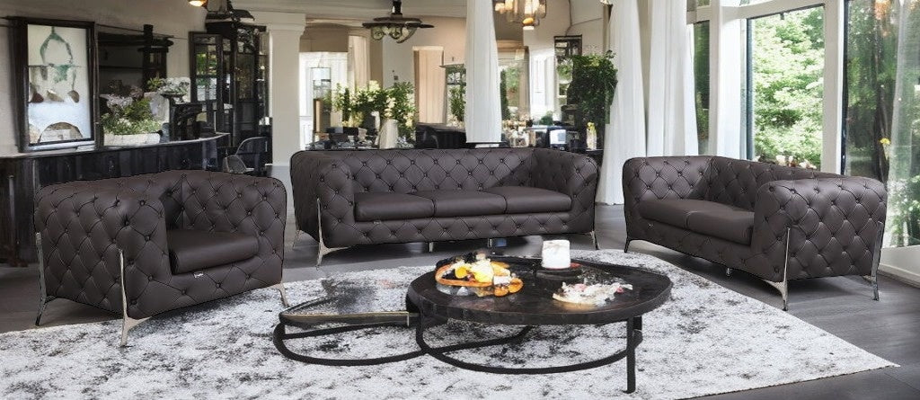 Three Piece Indoor Brown Italian Leather Six Person Seating Set-1