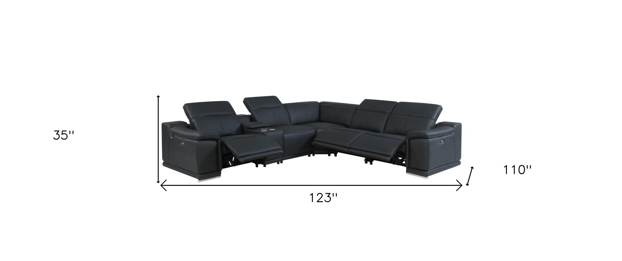 Black Italian Leather Power Reclining U Shaped Six Piece Corner Sectional With Console-7