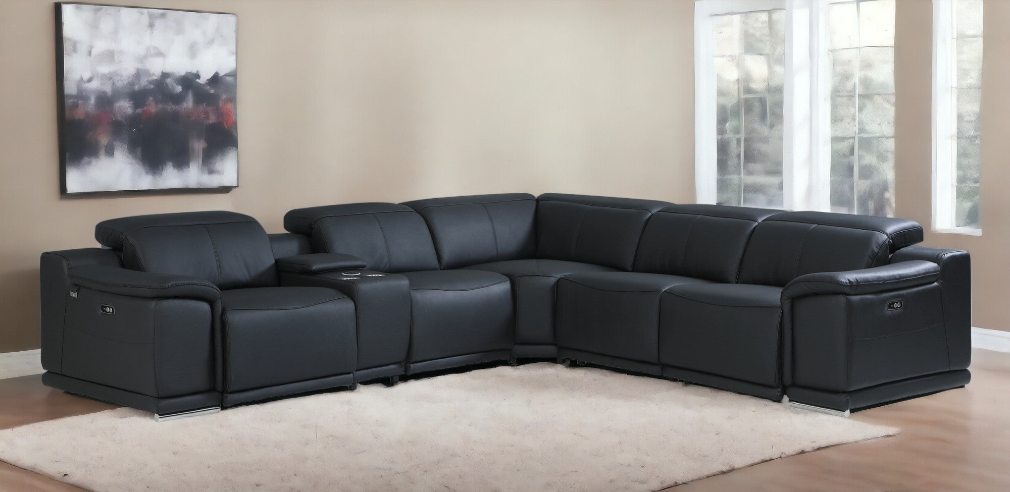 Black Italian Leather Power Reclining U Shaped Six Piece Corner Sectional With Console-8