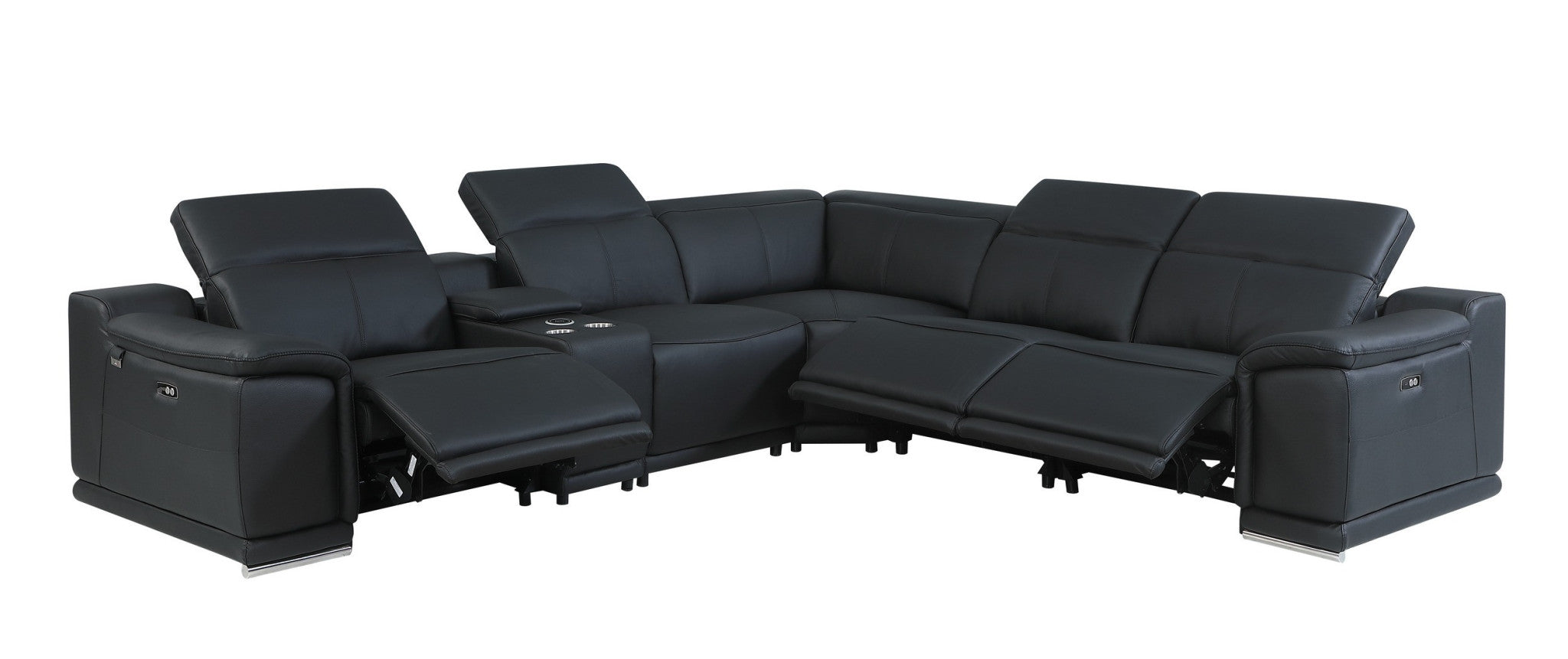 Black Italian Leather Power Reclining U Shaped Six Piece Corner Sectional With Console-0