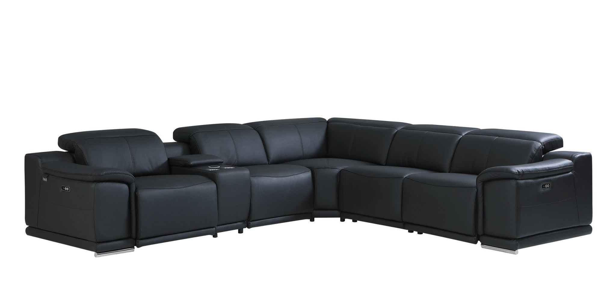 Black Italian Leather Power Reclining U Shaped Six Piece Corner Sectional With Console-1