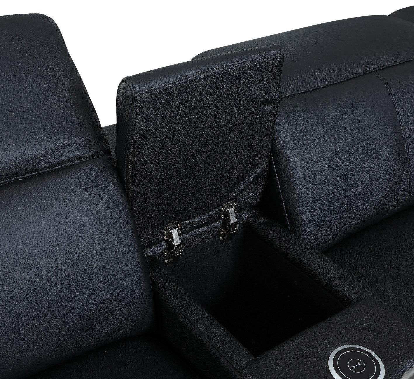 Black Italian Leather Power Reclining U Shaped Six Piece Corner Sectional With Console-6