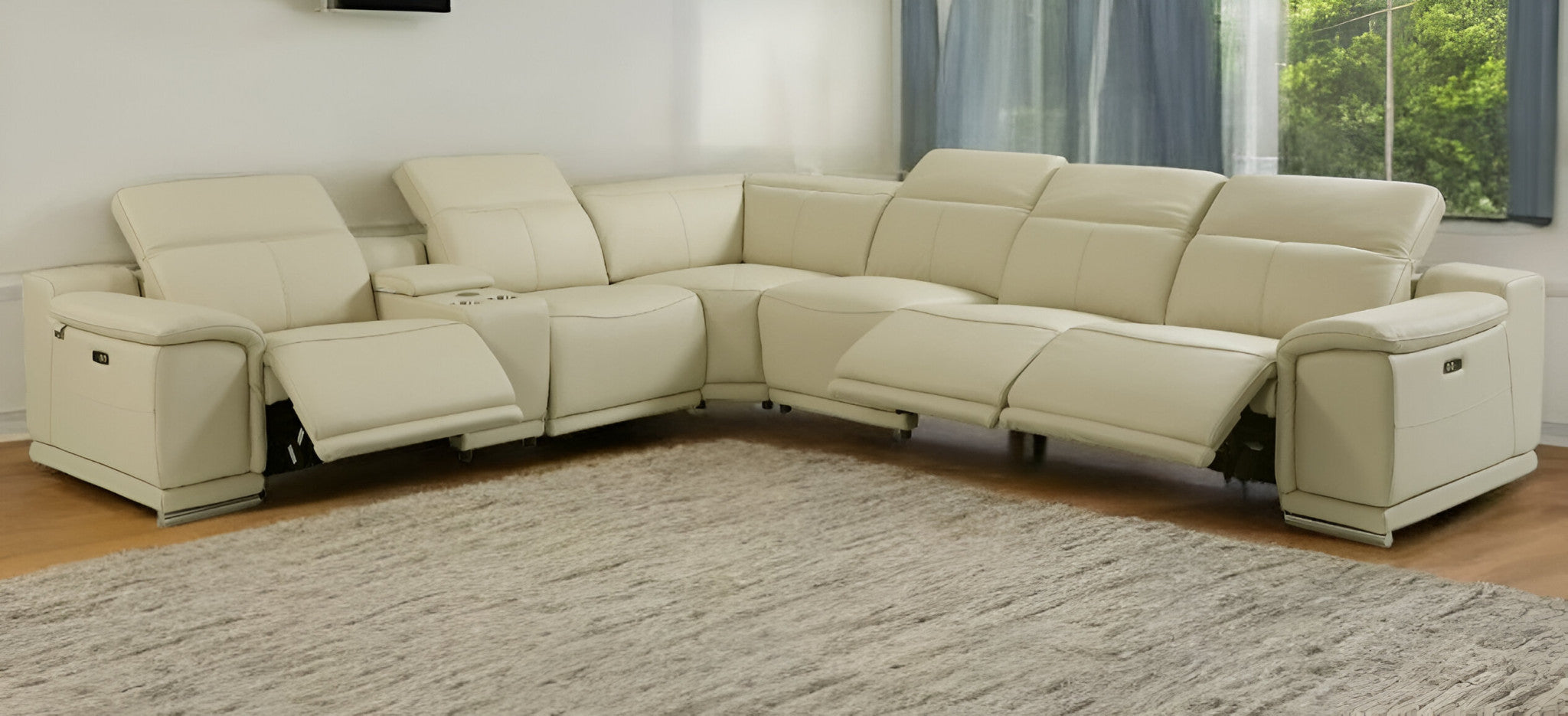 Beige Italian Leather Power Reclining U Shaped Seven Piece Corner Sectional With Console-1