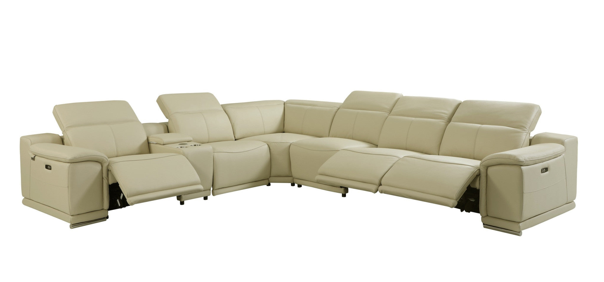 Beige Italian Leather Power Reclining U Shaped Seven Piece Corner Sectional With Console-0