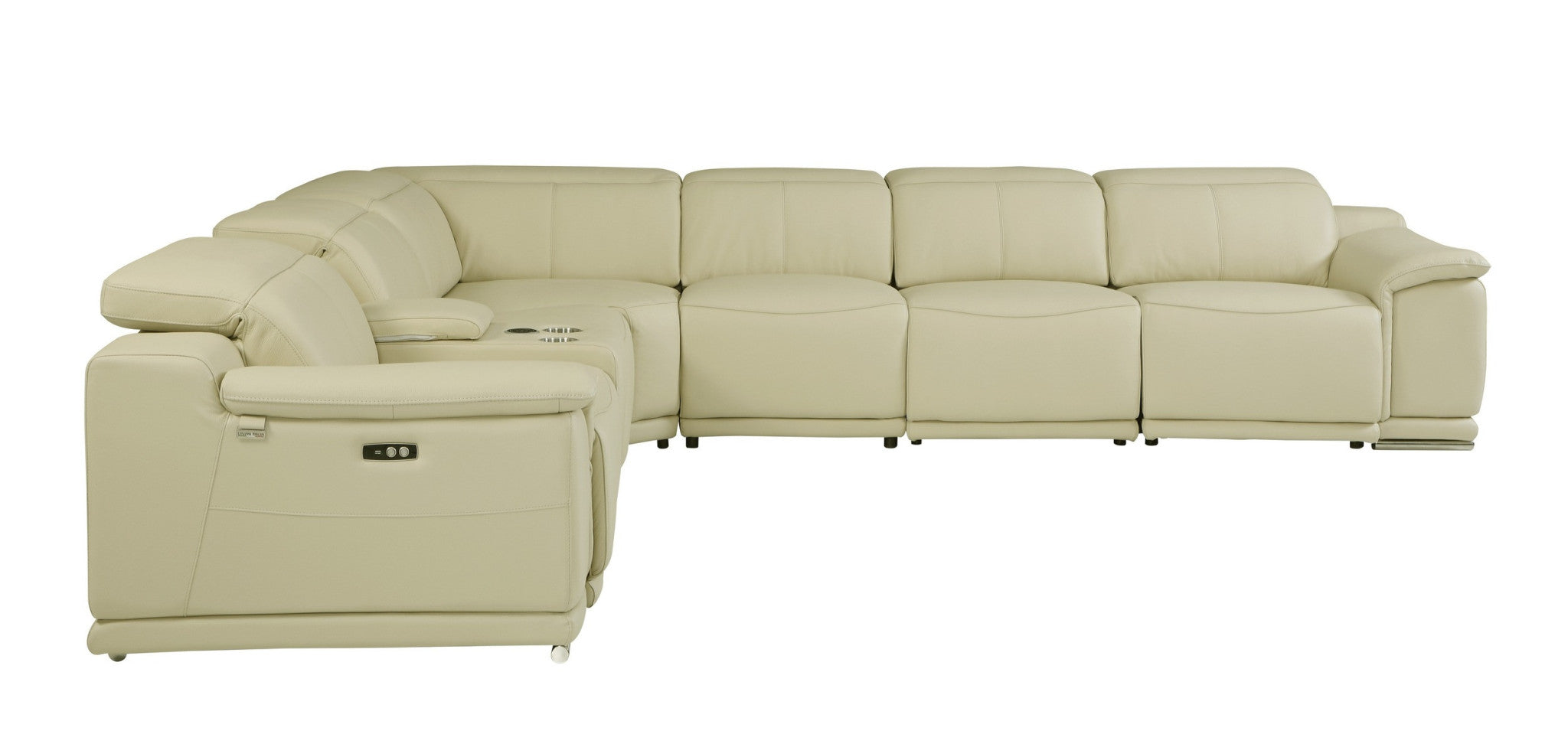Beige Italian Leather Power Reclining U Shaped Seven Piece Corner Sectional With Console-3