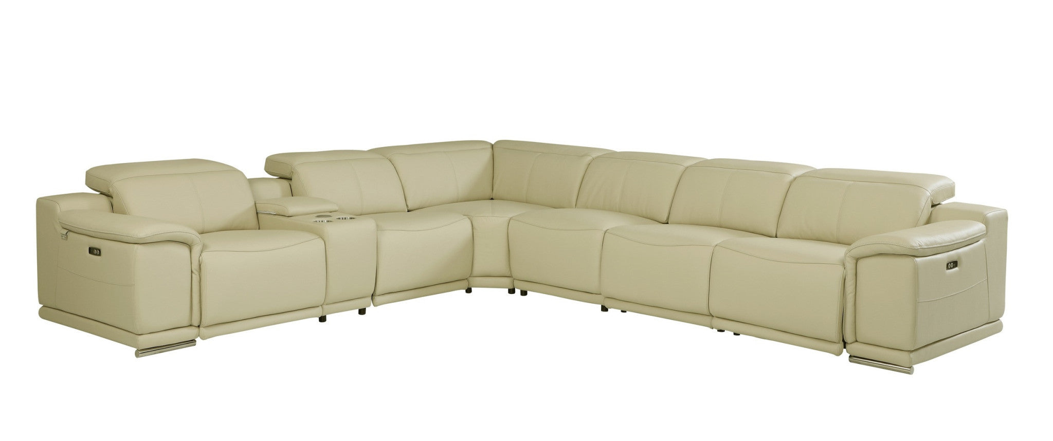 Beige Italian Leather Power Reclining U Shaped Seven Piece Corner Sectional With Console-4