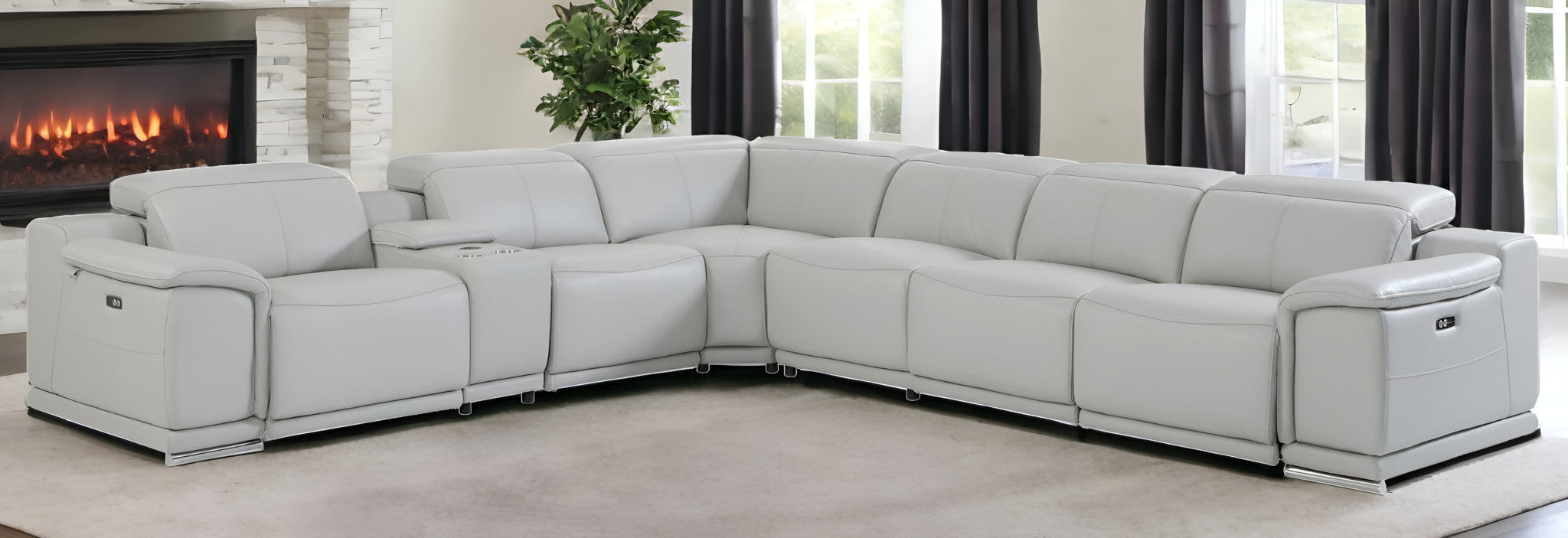 Light Gray Italian Leather Power Reclining U Shaped Seven Piece Corner Sectional With Console-1