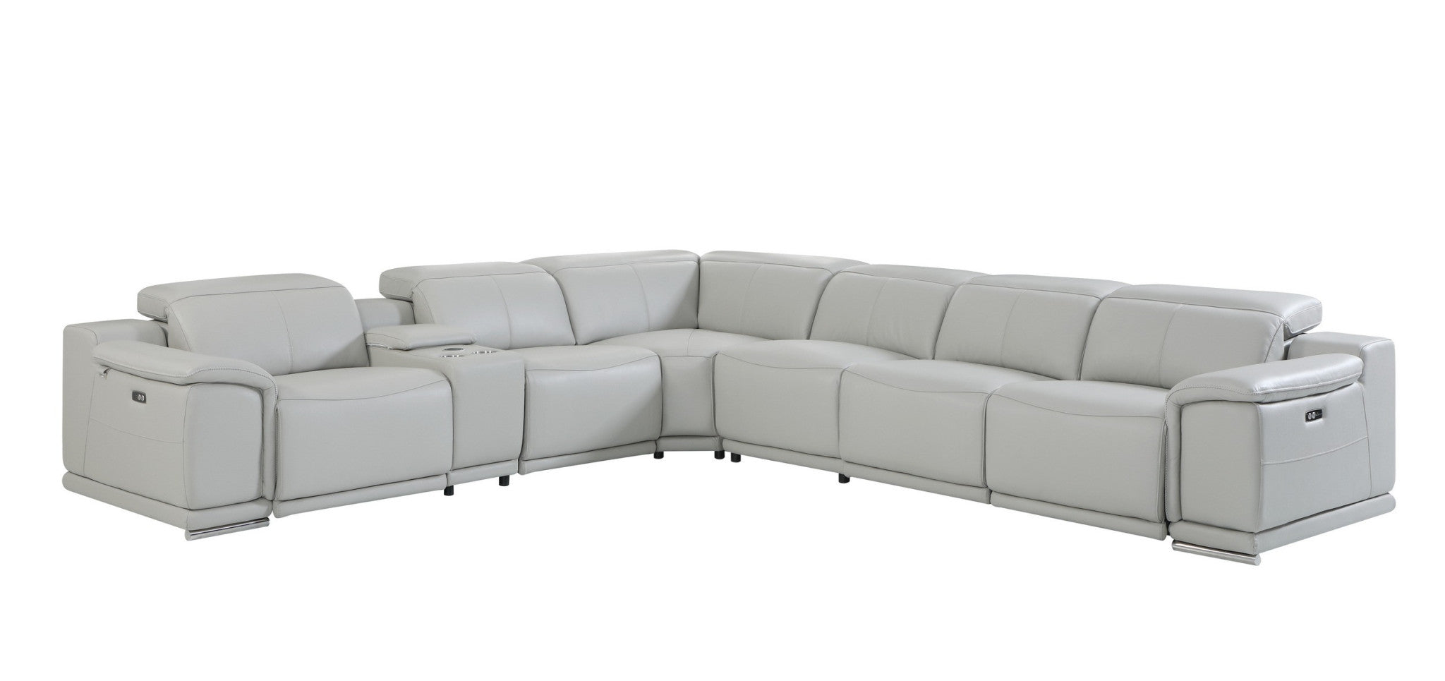 Light Gray Italian Leather Power Reclining U Shaped Seven Piece Corner Sectional With Console-2