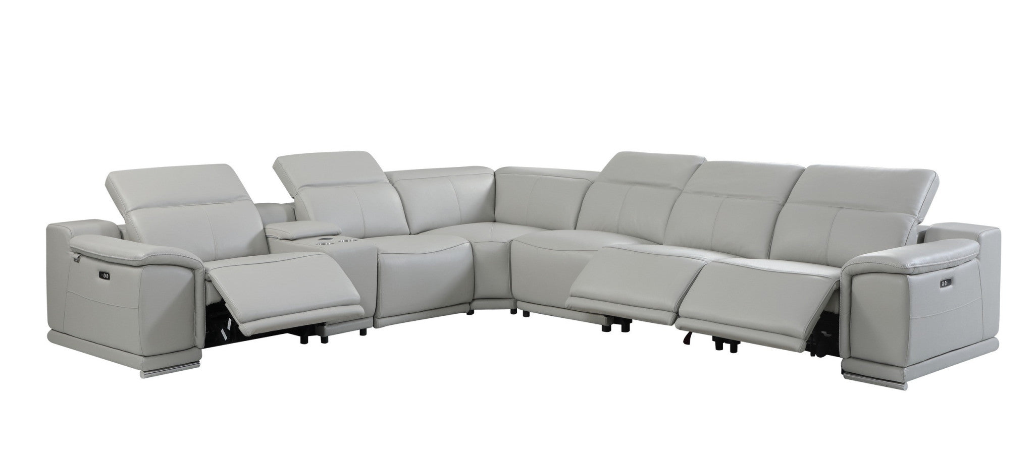 Light Gray Italian Leather Power Reclining U Shaped Seven Piece Corner Sectional With Console-0