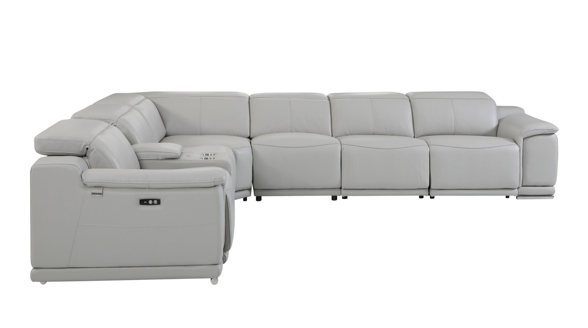 Light Gray Italian Leather Power Reclining U Shaped Seven Piece Corner Sectional With Console-3