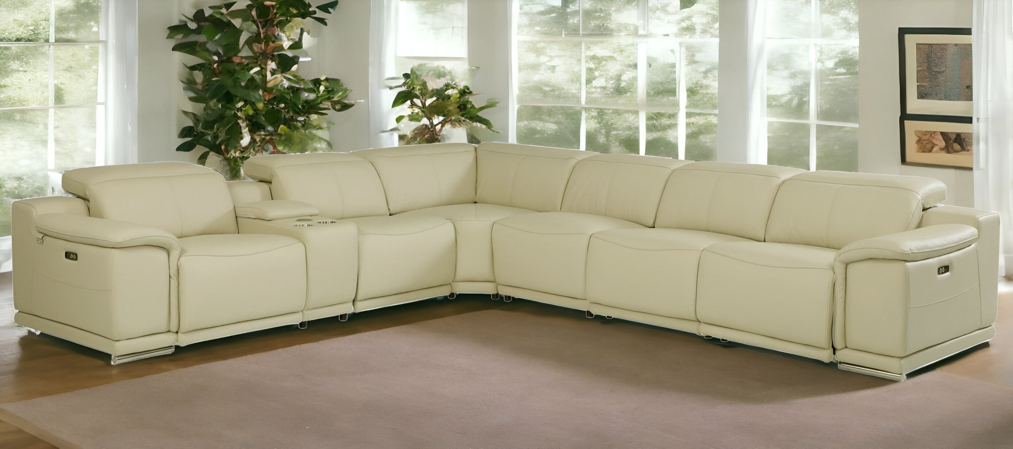 Beige Italian Leather Power Reclining U Shaped Seven Piece Corner Sectional With Console-1