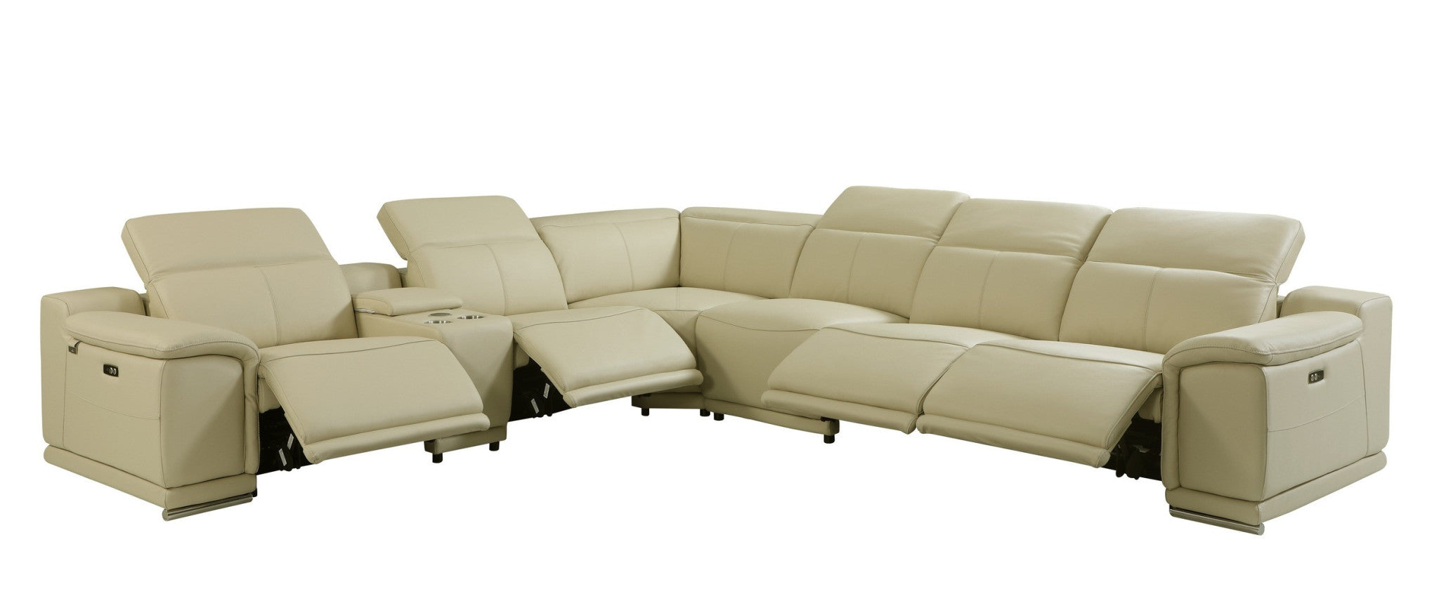 Beige Italian Leather Power Reclining U Shaped Seven Piece Corner Sectional With Console-5