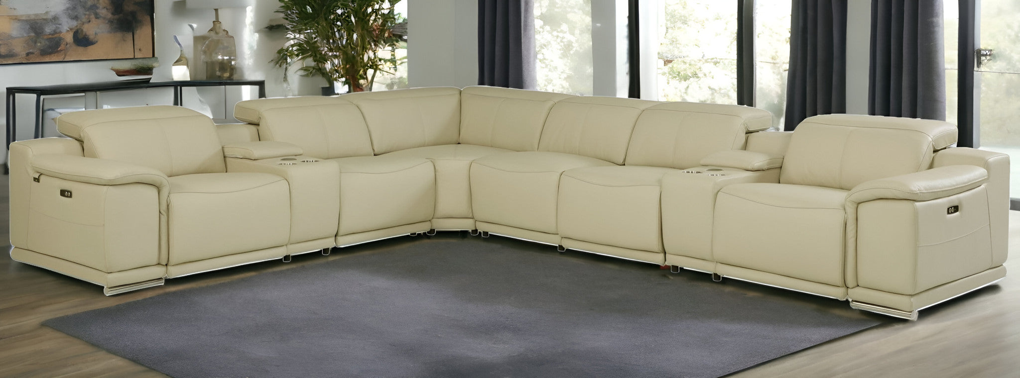 Beige Italian Leather Power Reclining U Shaped Eight Piece Corner Sectional With Console-1