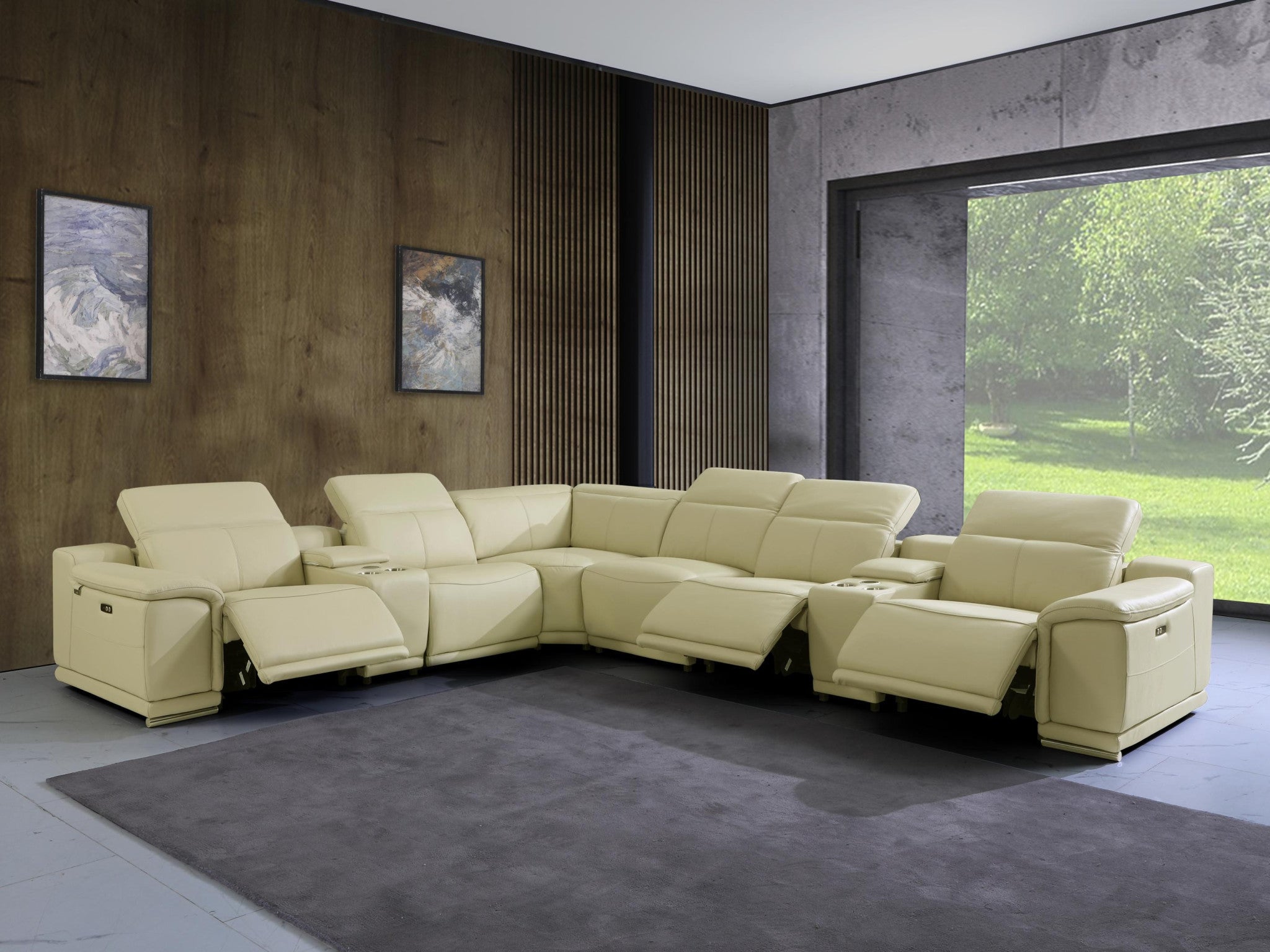 Beige Italian Leather Power Reclining U Shaped Eight Piece Corner Sectional With Console-8