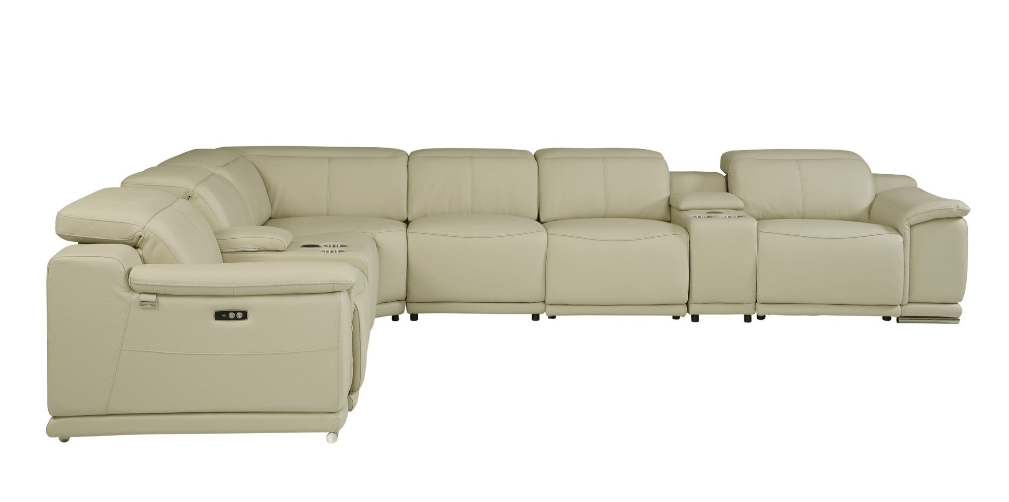 Beige Italian Leather Power Reclining U Shaped Eight Piece Corner Sectional With Console-0
