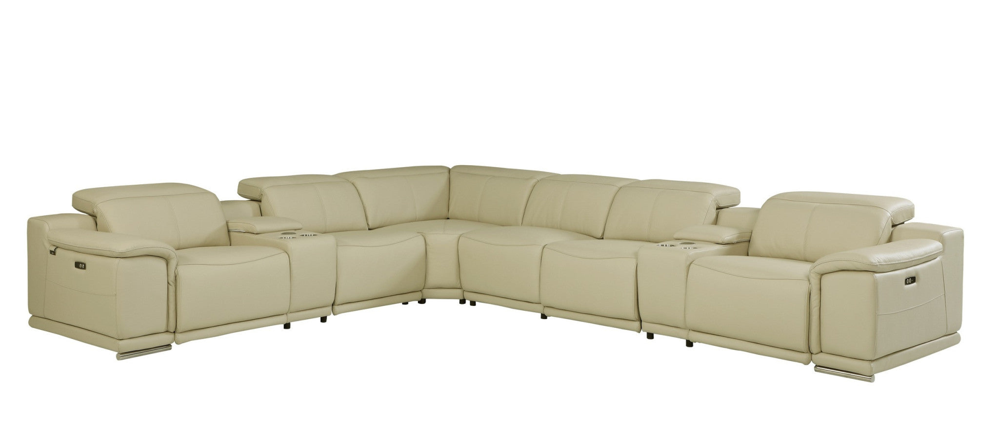 Beige Italian Leather Power Reclining U Shaped Eight Piece Corner Sectional With Console-3