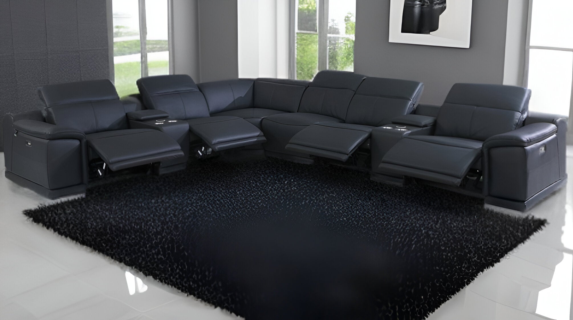 Black Italian Leather Power Reclining U Shaped Eight Piece Corner Sectional With Console-1