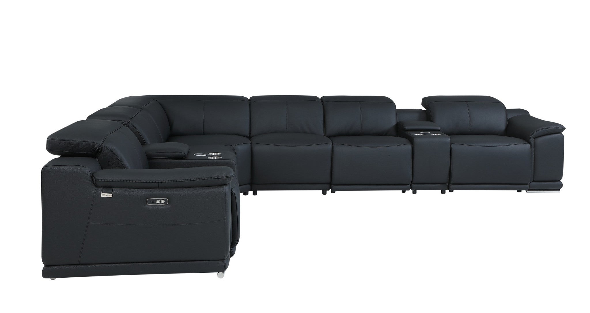 Black Italian Leather Power Reclining U Shaped Eight Piece Corner Sectional With Console-2