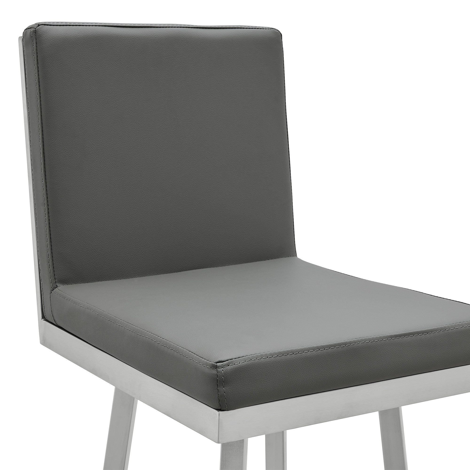 30" Gray And Silver Faux Leather And Iron Swivel Bar Height Bar Chair-5