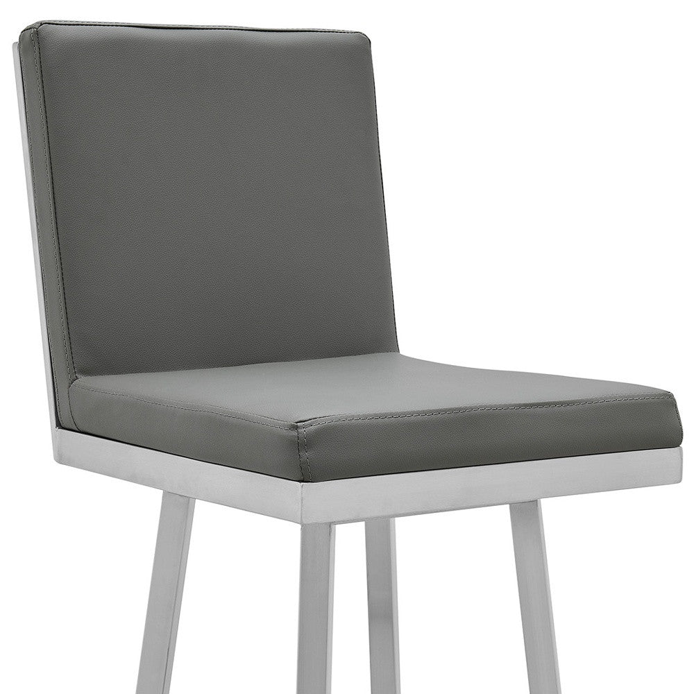 30" Gray And Silver Faux Leather And Iron Swivel Bar Height Bar Chair-8