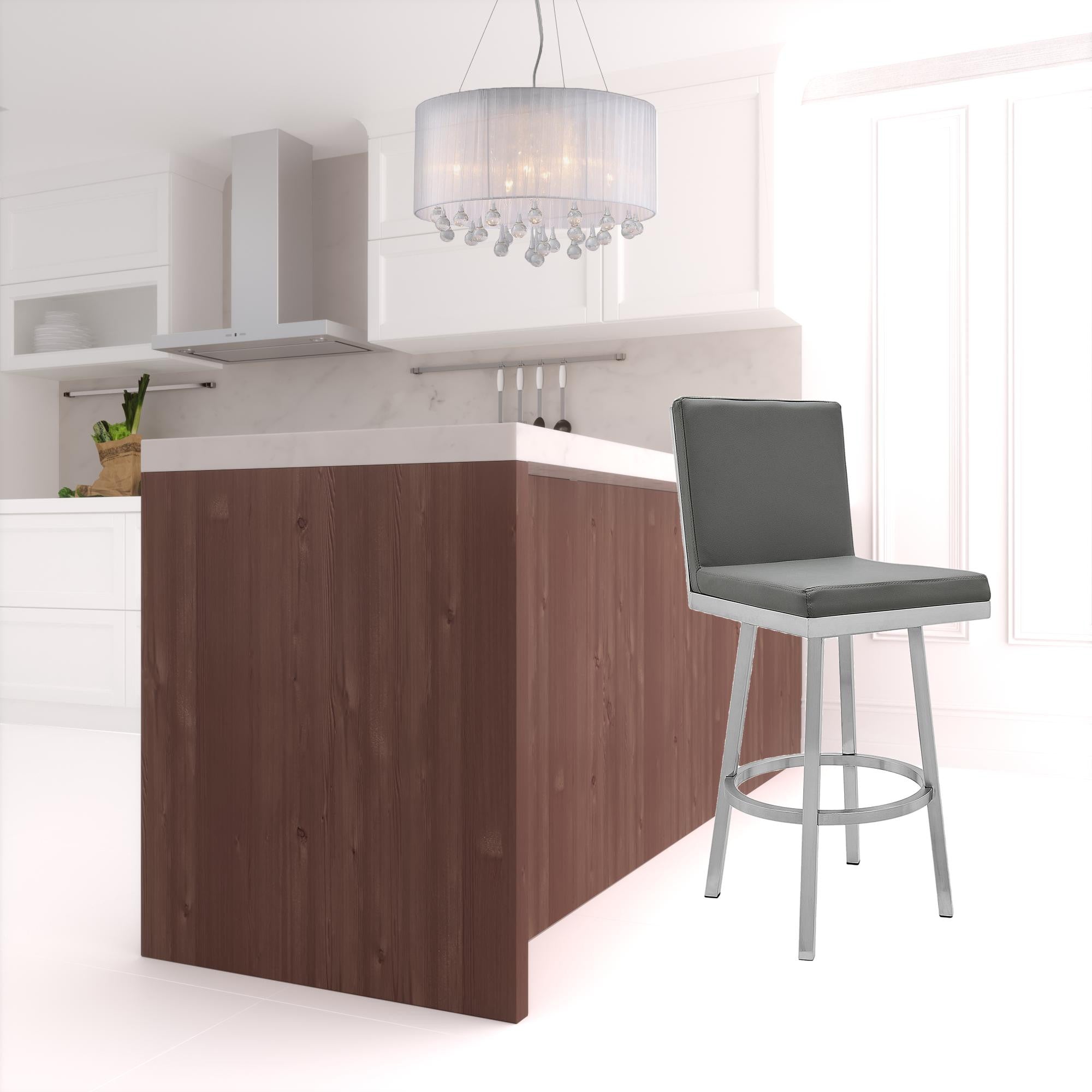 30" Gray And Silver Faux Leather And Iron Swivel Bar Height Bar Chair-1