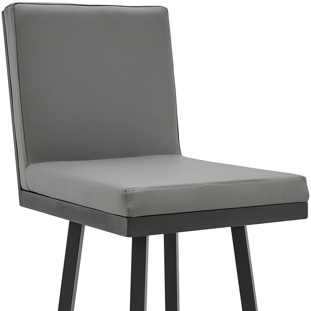 30" Gray And Black Faux Leather And Iron Swivel Bar Height Bar Chair-7