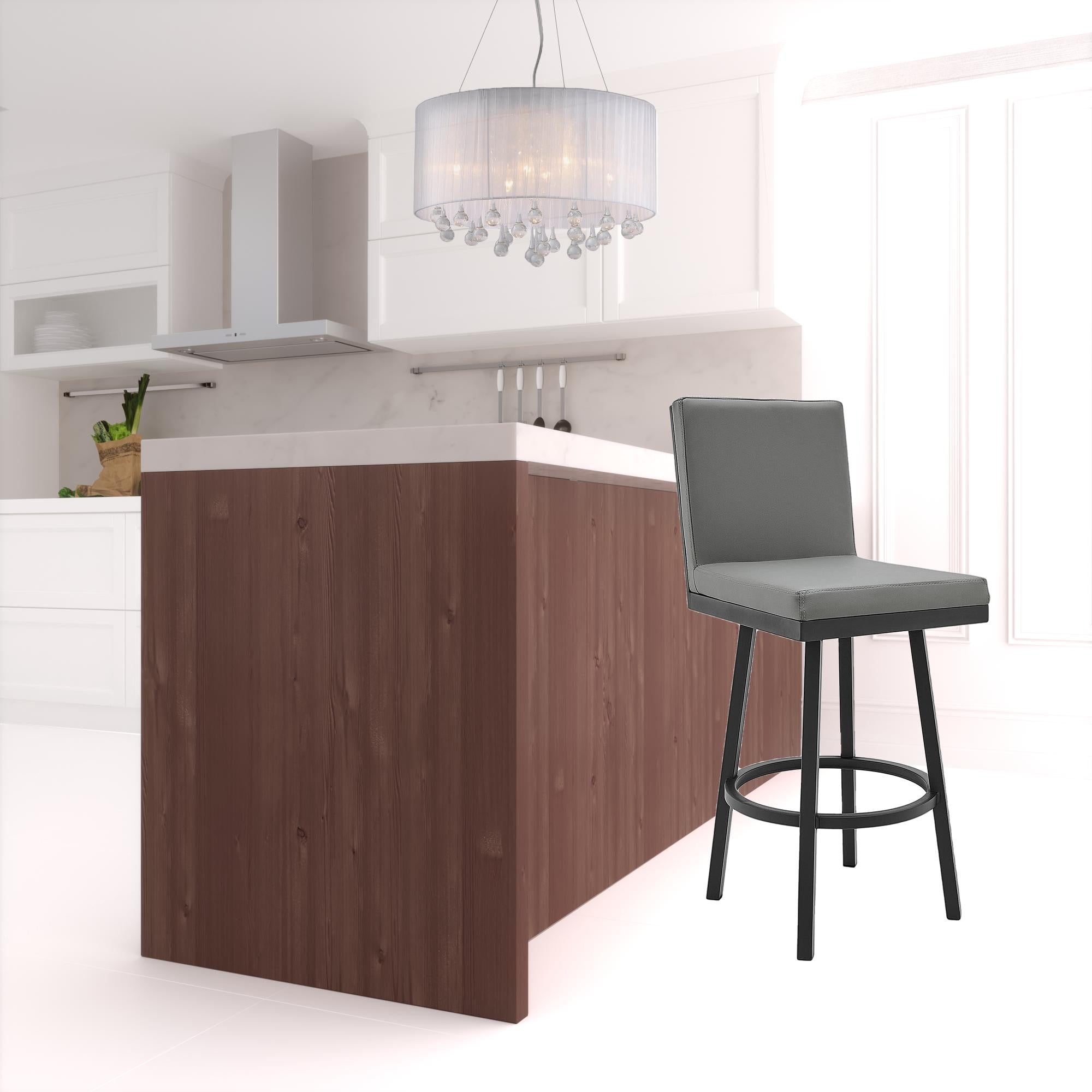 30" Gray And Black Faux Leather And Iron Swivel Bar Height Bar Chair-1