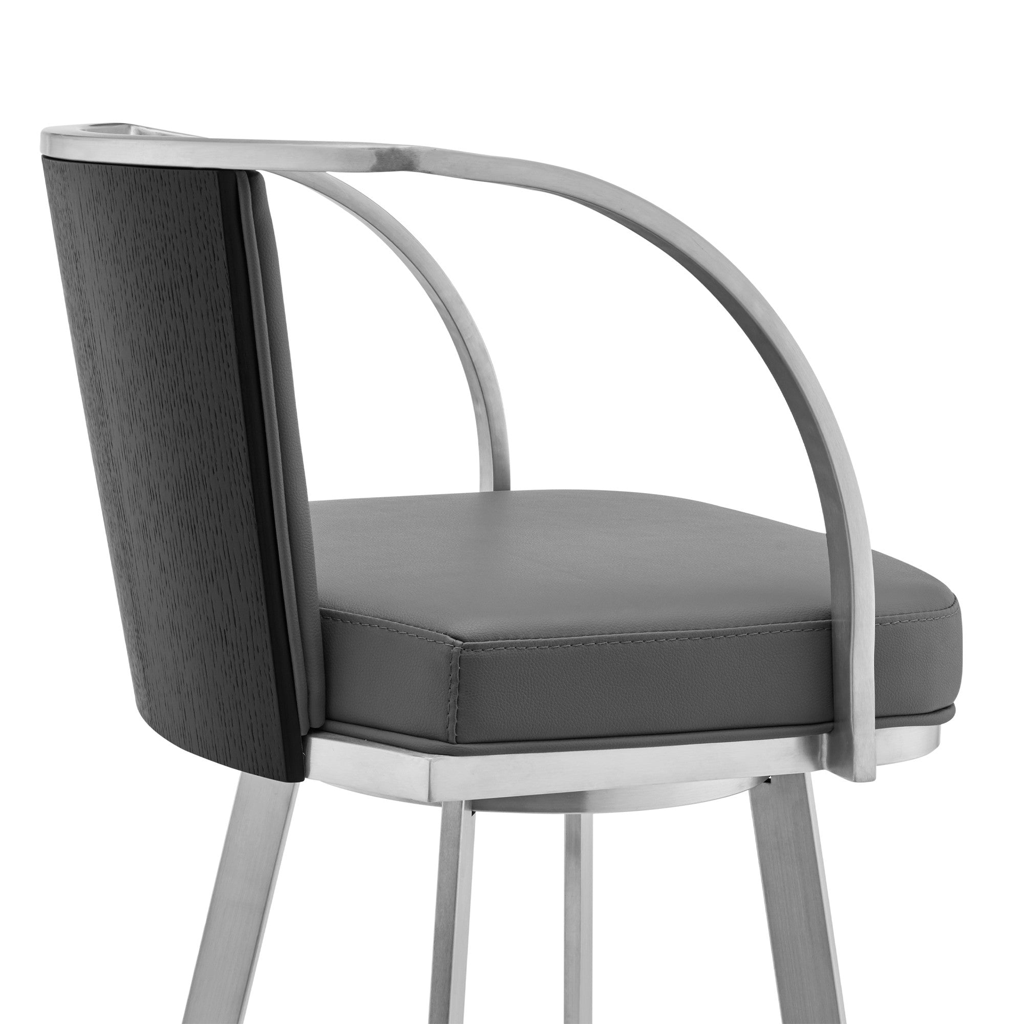 30" Gray And Silver Faux Leather And Iron Swivel Bar Height Bar Chair-6