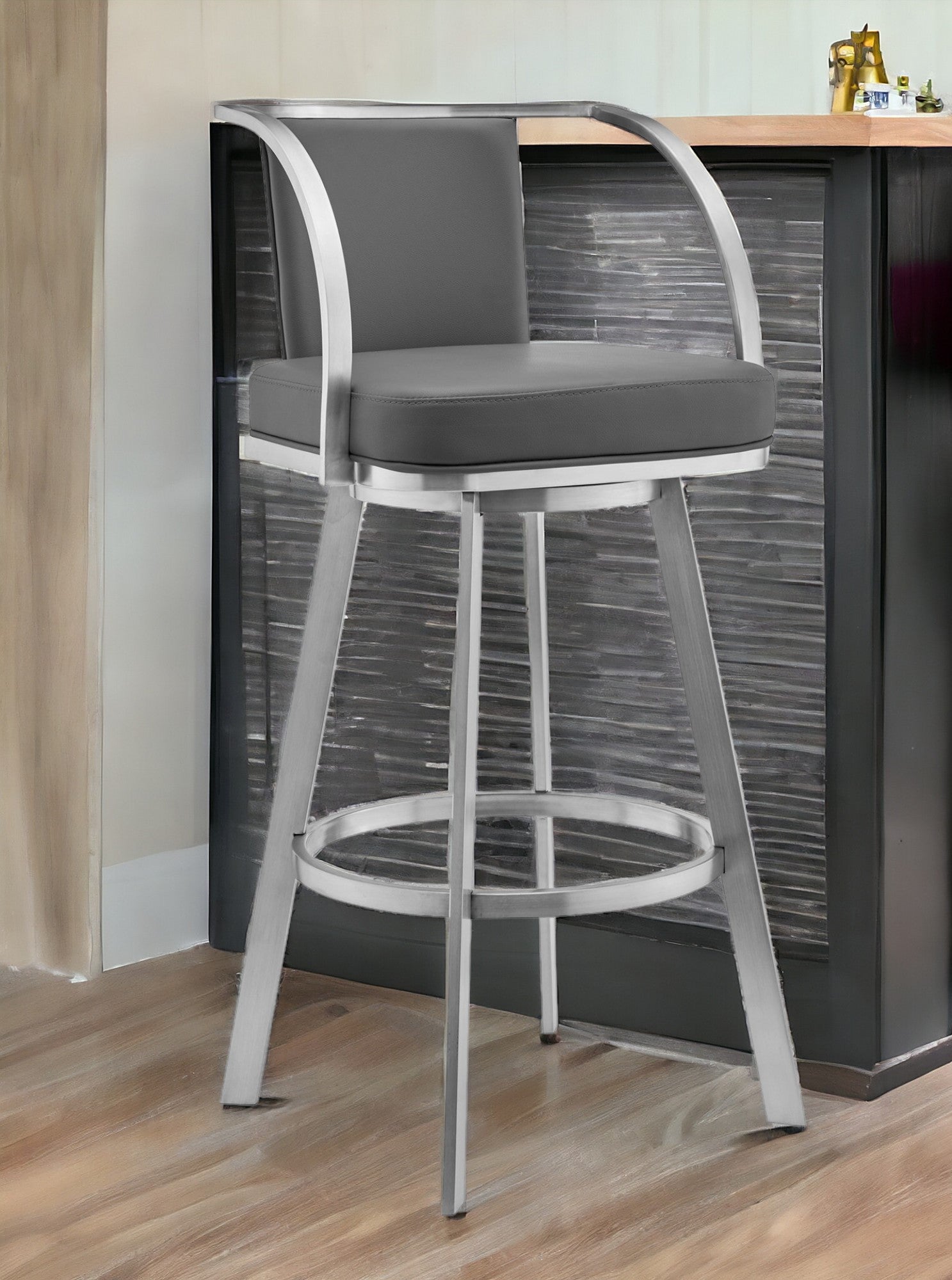 30" Gray And Silver Faux Leather And Iron Swivel Bar Height Bar Chair-0