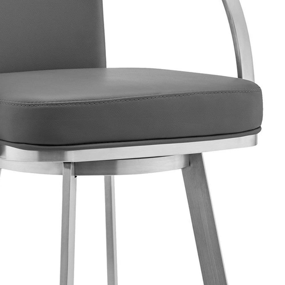 30" Gray And Silver Faux Leather And Iron Swivel Bar Height Bar Chair-7