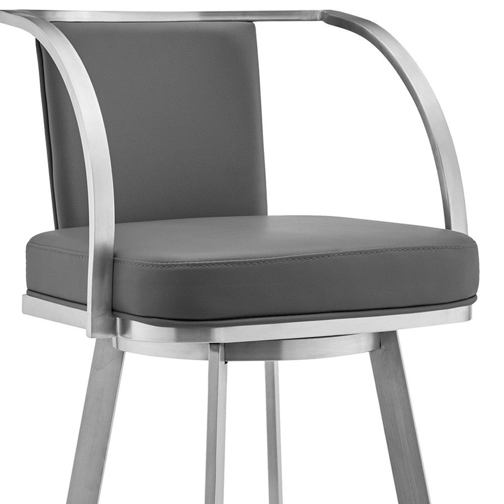 30" Gray And Silver Faux Leather And Iron Swivel Bar Height Bar Chair-8
