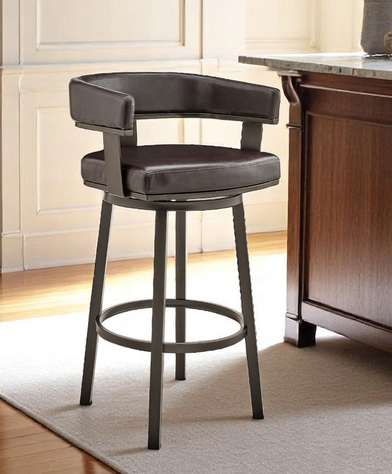 26" Chocolate And Gray Faux Leather And Iron Swivel Low Back Counter Height Bar Chair-0